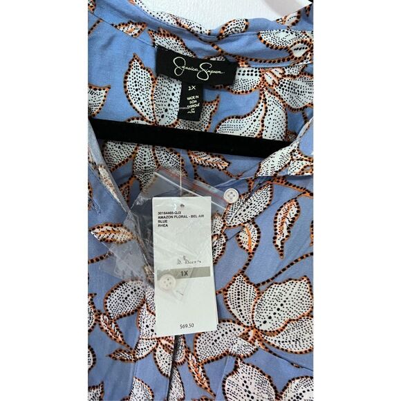 JESSICA SIMPSON SHORT SLEEVE BUTTON DOWN BLUE FLORAL BLOUSE WOMENS SIZE 1XL NEW - Picture 4 of 10